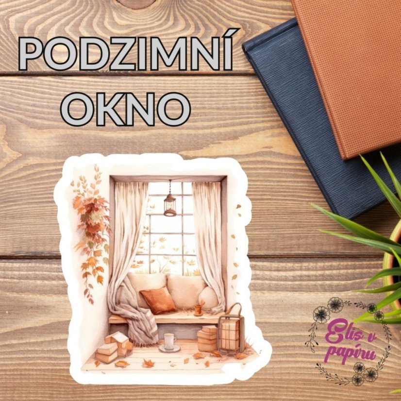 Útulné podzimní okno s měkkými polštáři, dekou a knihami, které vytváří dokonalou atmosféru pro podzimní odpočinek.
