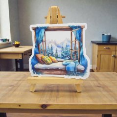 Okno s výhledem na zasněžené hory | Samolepka do diáře