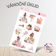 Aršík samolepek "Vánoční úklid" s motivy elegantních úklidových doplňků, košíků, čisticích prostředků a vánoční výzdoby ve světlých pastelových barvách. Aršík samolepek "Vánoční úklid" s motivy elegantních úklidových doplňků, košíků, čisticích prostředků a vánoční výzdoby ve světlých pastelových barvách.