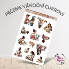 Aršík samolepek "Pečeme vánoční cukroví" s motivy pečení – válení těsta, pečení v troubě a zdobení cukroví v teplých svátečních barvách. Aršík samolepek "Pečeme vánoční cukroví" s motivy pečení – válení těsta, pečení v troubě a zdobení cukroví v teplých svátečních barvách.