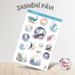 Samolepky Elis v papíru Zasnění pávi s jemnými pastelovými odstíny, zobrazující pávy, květiny a snové scenérie.