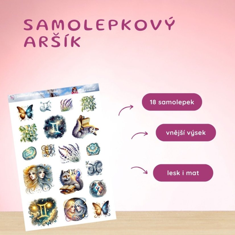 Arch samolepek inspirovaný znamením Blíženců – jemné dvojčata, hvězdy, knihy a květiny.