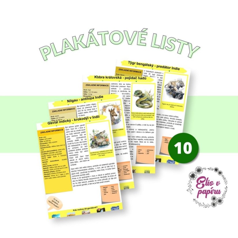 Plakátové listy o indických zvířatech - krátký příběh, slovní zásoba, základní fakta na jednom místě