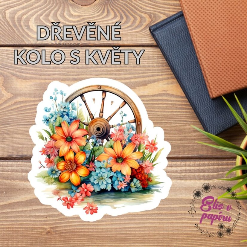 Dřevěné kolo s květy | Samolepka do diáře