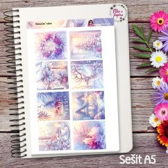 Aršík samolepek zobrazující vánoční rána s jemnými detaily květin, svátečních dekorací a zimního světla.