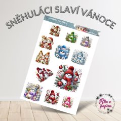 Aršík samolepek "Sněhuláci slaví Vánoce" s motivy veselých sněhuláků, zasněžených ozdob a zimní atmosféry v kouzelných svátečních barvách. Aršík samolepek "Sněhuláci slaví Vánoce" s motivy veselých sněhuláků, zasněžených ozdob a zimní atmosféry v kouzelných svátečních barvách.