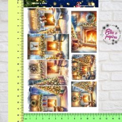 Aršík samolepek zobrazující vánočně zdobené pokoje s plápolajícím krbem, světýlky a svátečními dekoracemi.