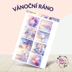 Aršík samolepek zobrazující vánoční rána s jemnými detaily květin, svátečních dekorací a zimního světla. Aršík samolepek zobrazující vánoční rána s jemnými detaily květin, svátečních dekorací a zimního světla.