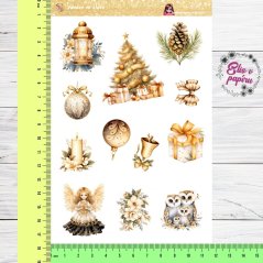 Aršík samolepek "Vánoce ve zlaté" s motivy vánočních stromků, svíček, dárků a ozdob ve zlaté a krémové barevné paletě.