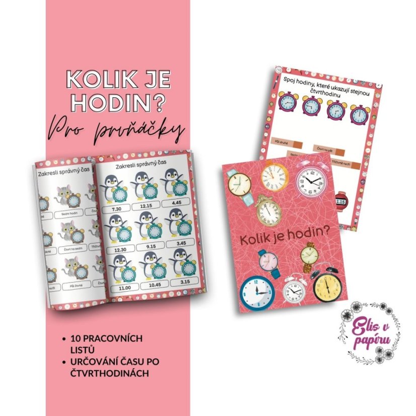 Pracovní listy na určování hodin pro prvňáčky od Elis v papíru