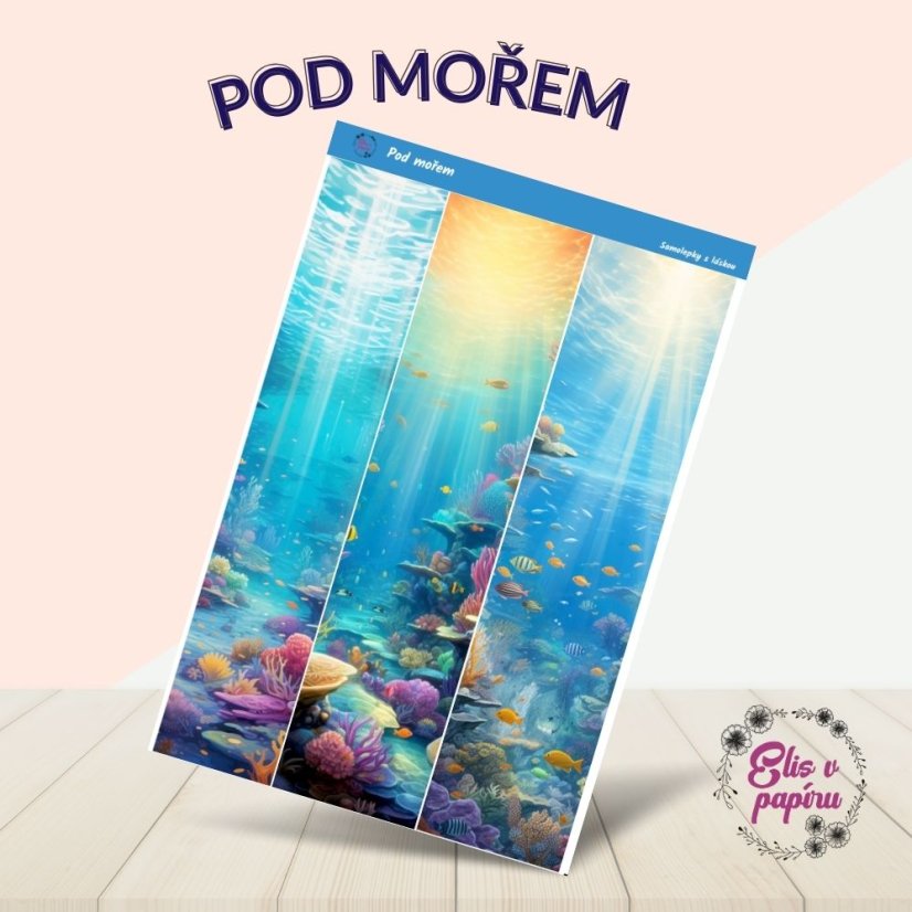 Samolepky Pod mořem s barevnými motivy ryb, korálů a mořských rostlin. Zachycují krásy podmořského světa s modrou, zelenou a oranžovou barvou.