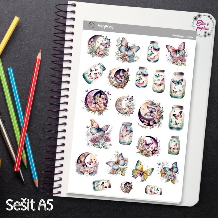 Kouzelný motýlí ráj na samolepkách pro tvůj diář, bujo nebo scrapbook. Ozdob své plánování jemnými a elegantními motivy plnými fantazie.