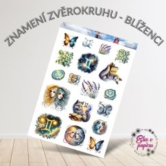 Arch samolepek inspirovaný znamením Blíženců – jemné dvojčata, hvězdy, knihy a květiny. Arch samolepek inspirovaný znamením Blíženců – jemné dvojčata, hvězdy, knihy a květiny.