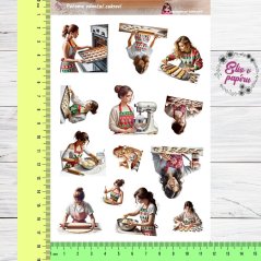 Aršík samolepek "Pečeme vánoční cukroví" s motivy pečení – válení těsta, pečení v troubě a zdobení cukroví v teplých svátečních barvách.