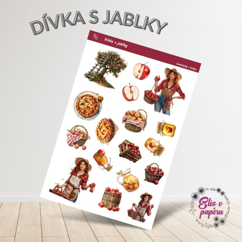 Samolepky s podzimními motivy jablek, sklizně a venkovské dívky. Ideální pro plánování a dekorování tvého diáře nebo scrapbooku.