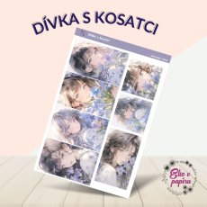 Samolepky v anime stylu s motivem dívky a kosatců od Elis v papíru