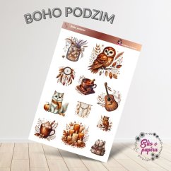 Samolepky zobrazují různé boho motivy spojené s podzimem – sovy, svíčky, dreamcatchery, šálky čaje, kytary a přírodní ozdoby. Každý motiv vyzařuje teplo a pohodu podzimu spojeného s elegantním boho stylem.