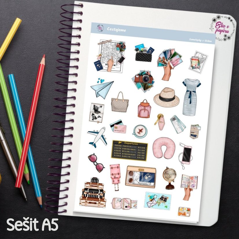 Samolepky s cestovatelskými motivy pro tvůj diář nebo scrapbook – ideální pro plánování dobrodružství.