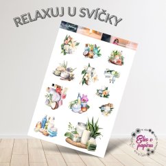 Samolepky zobrazují jemné wellness prvky jako svíčky, květiny, esenciální oleje a relaxační potřeby. Barvy jsou světlé a uklidňující, s důrazem na pohodu a klid. Každý motiv vyzařuje klidnou atmosféru, která ti pomůže vytvořit si wellness koutek přímo ve svém diáři.