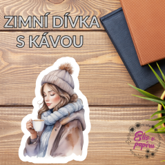 Zimní dívka s kávou  | Maxi kusová samolepka pro diář i scrapbook