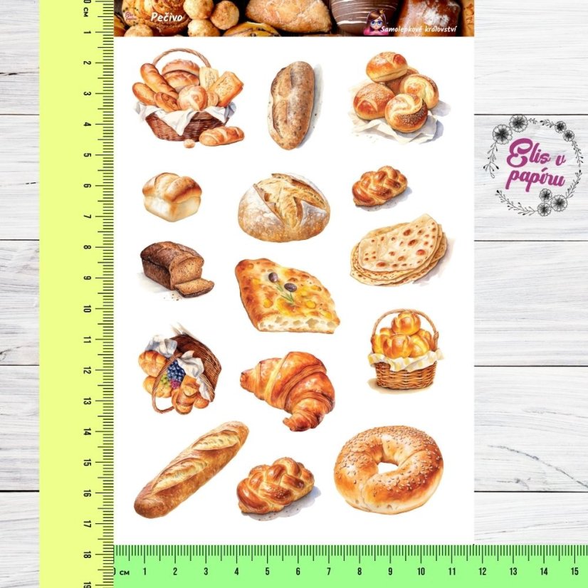 Samolepky zobrazují různé druhy pečiva, včetně bochníků chleba, croissantů, baget a dalších pečivových dobrot. Každý motiv vyzařuje pocit hřejivého tepla a čerstvosti, ideální pro všechny, kteří milují pečivo a chtějí si přidat do diáře kousek pekárenského kouzla.
