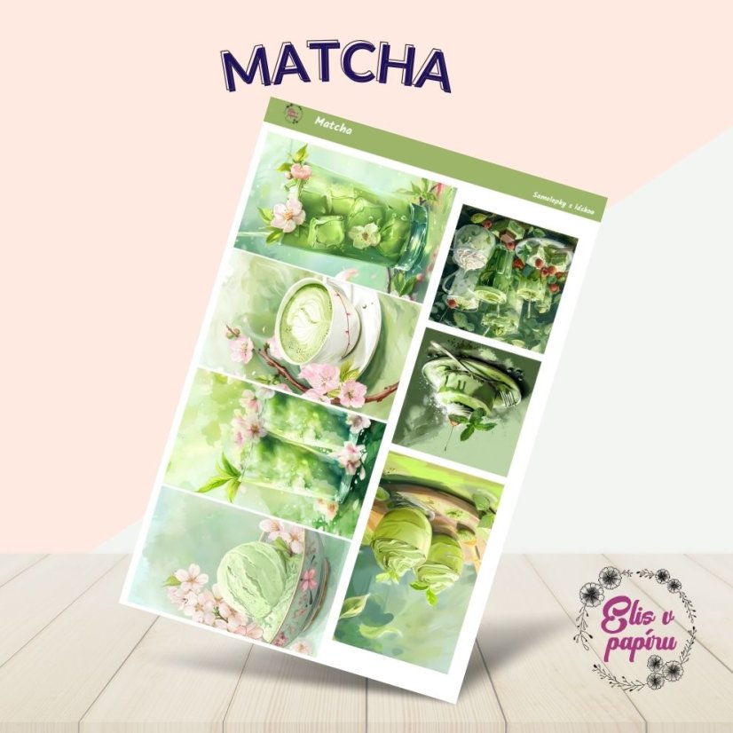 Arch samolepek "Matcha", pastelové barvy, zelený motiv, diářové samolepky, plánování, bujo, samolepky na scrapbook.