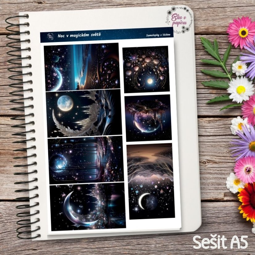 Arch samolepek "Noc v magickém světě", tmavé a zářivé barvy, noční motivy, diářové samolepky, plánování, bujo, samolepky na scrapbook.