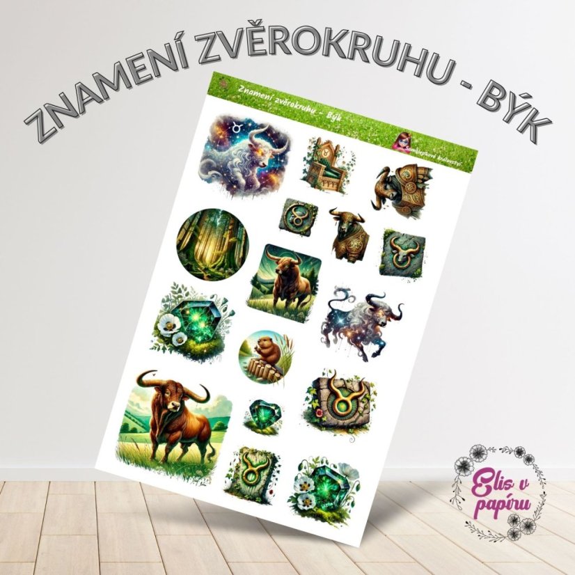  Arch samolepek s astrologickým motivem Býka – býci, smaragdy, květiny a přírodní symboly.
