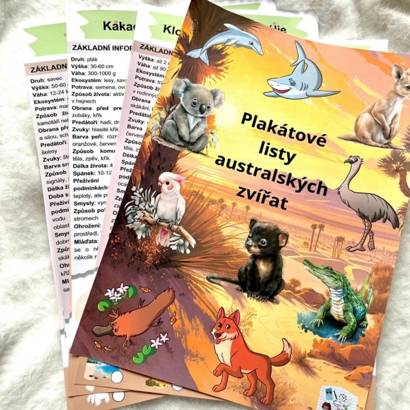 Plákátové listy o australských zvířatech - krátký příběh, slovní zásoba, základní fakta na jednom místě
