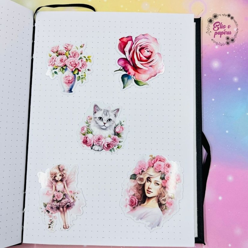 Velké kusové samolepky Růžové růže, pastelové barvy, květinový motiv, diářové samolepky, plánování, bujo, samolepky na scrapbook.