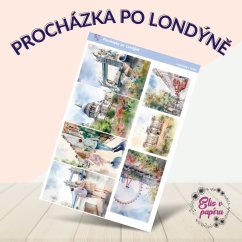 Samolepky Procházka po Londýně s jemnými pastelovými barvami modré, zelené a šedé, zobrazující ikonické londýnské památky a městské scenérie.