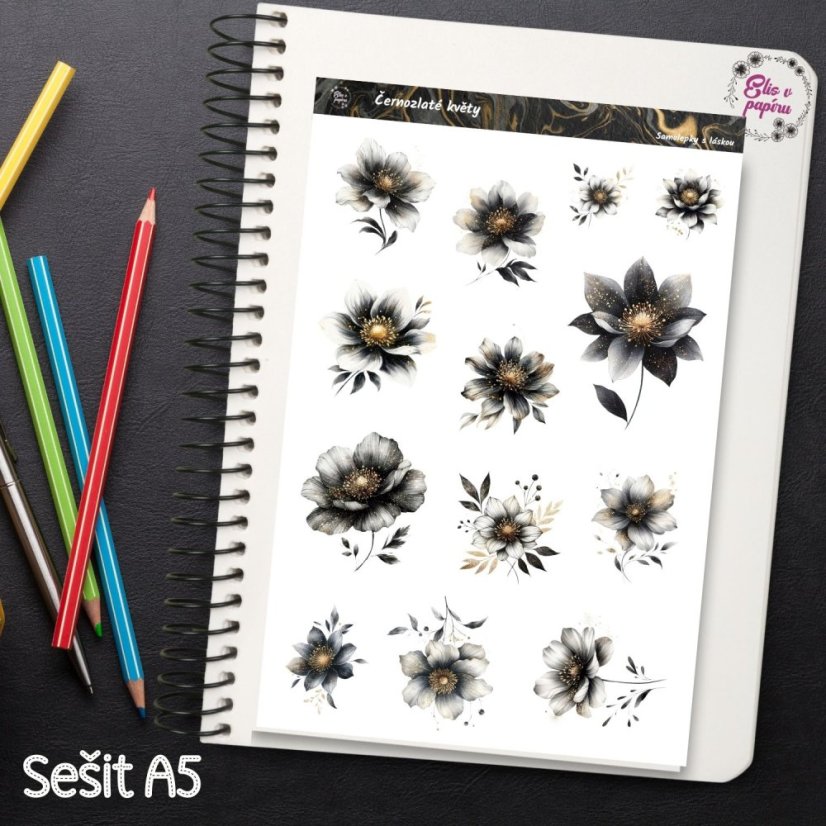 Elegantní černozlaté květinové samolepky pro stylové plánování a bujo. Dodají tvému diáři šmrnc a nádech luxusu.