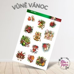 Aršík samolepek "Vůně Vánoc" s vánočními motivy – baňky, dárky, koření, stuhy a svíčky v teplých svátečních barvách na bílém pozadí.