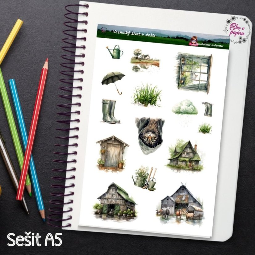 Vesnický život v dešti | Samolepky do diáře