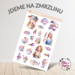 Samolepky Jdeme na zmrzlinu s pastelovými a živými barvami, zobrazující zmrzlinové poháry, nanuky, zmrzlinové stánky, letní módu a děti se zmrzlinou. Samolepky Jdeme na zmrzlinu s pastelovými a živými barvami, zobrazující zmrzlinové poháry, nanuky, zmrzlinové stánky, letní módu a děti se zmrzlinou.