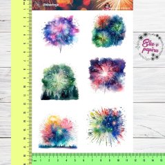 Aršík samolepek "Ohňostroje" s motivy barevných explozí světel na noční obloze, ideální pro oslavy, přelom roku a slavnostní plánování.