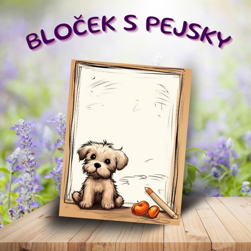 Roztomilý trhací bloček s motivem pejska na dřevěném stole s levandulovým pozadím.